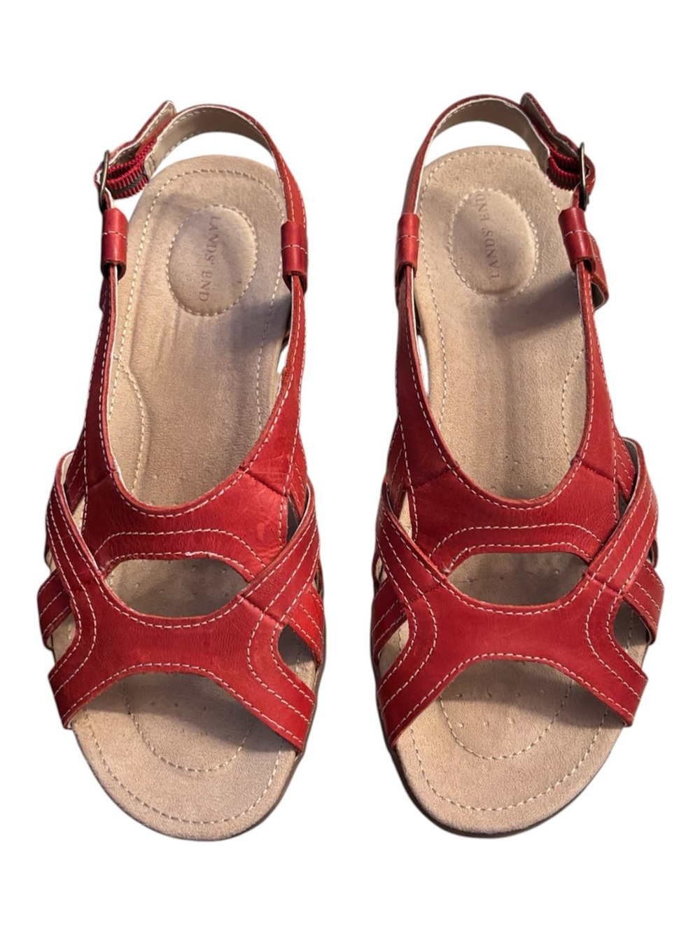 Landsâ End Red Leather Adjustable Buckle Comfort Flat Sandals Size 9